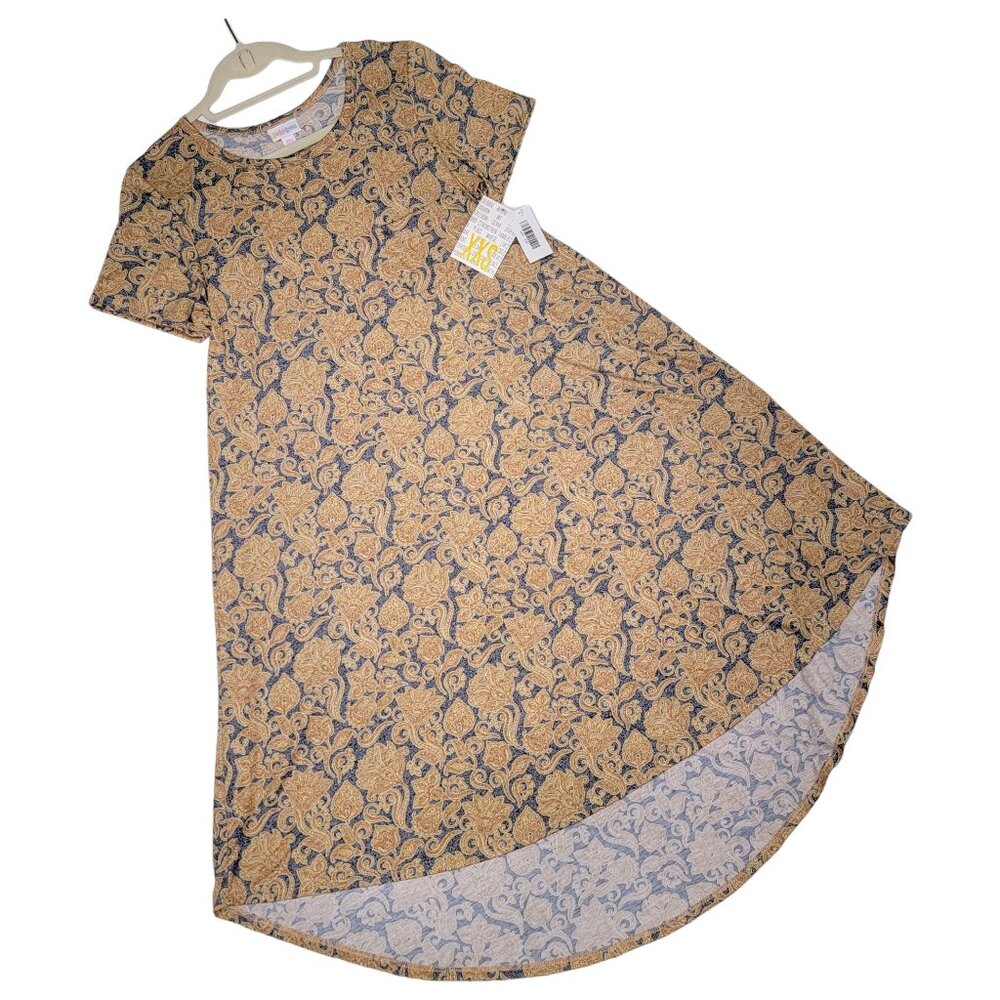 LuLaRoe Carly Dress XXS Paisley Floral Gold Blue High Low A-Line Swing